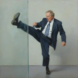 portrait of bob barker jump kicking through glass, an oil painting by ross tran and thomas kincade