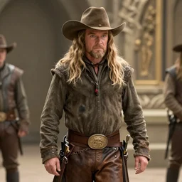 Cowboy Gandalf wearing Stetson hat and leather trousers. Movie still from lord of the rings the fellowship of the ring.