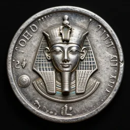 Old silver coin with many ornaments from ancient Egypt, center of the frame, highly detailed, concept art, 4k, artstation, cgsociety, octane render.
