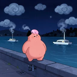 nightscape chubby cartoon concept art, wall with drain on the edge of the river, spiral clouds, sam and max, liquid smoke, catamarans