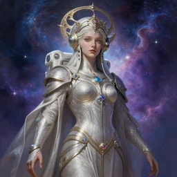 portrait of a techno wizard astronaut who worships desna, d & d, pathfinder, fantasy, intricate, elegant, highly detailed, digital painting, artstation, smooth, sharp focus, illustration, epic cosmic background, art by artgerm and greg rutkowski and alphonse mucha, with an epic cosmic background in the style of erak note, eddie mendoza, christophe young, craig mullins, evan lee, silvain sarrailh, dao trong le, kan liu, character design, trending on artstation