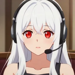 high quality anime visual of a cute girl, with red eyes!!!! and long white hair!!!! wearing a headset in her room interior, detailed anime face, cel shaded, smoothed lip line, digital art, hd, ambient light
