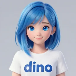 a girl with the word dino on her shirt, blue eyes, blue faded hair, a small smile, highly detailed
