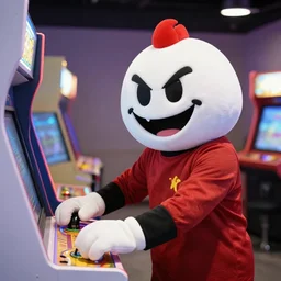 professional photo of Chuck E. Cheese mascot, Avenger version, playing an arcade machine, high quality