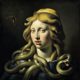 bold painting by famous artist vermeer of a medusa, snakes snarling, dramatic lighting