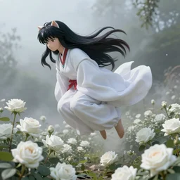 Surreal Shinigami of Death Floating in the air, in the middle of a garden of white roses and Dhalias, photo realistic, insanely detailed, mist, trending on artstation, golden ratio, ultra super good realistic 3D render by Gerald Brom