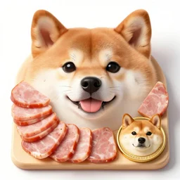 a charcuterie board made of doge face, shiba inu face meat slices, doge meme flesh, dogecoin form, shiba inu dog, pieces of doge in the silver plate, wooden table, exquisite restaurant, five stars michellin, professional food shot, gourmet dish, with few veggies. low light, bokeh, masterpiece.