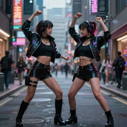 Two sexy cyberpunk girls dance in the street