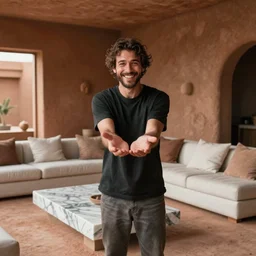 a room in a house made of dirt modern marble couches and a grinning man here to greet you hand out
