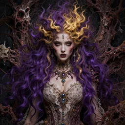 beautiful young woman, with purple and gold fire hair, wearing a lace dress with jewels, full colors background, full of detail, majestic, organic, dark fantasy, rotten, sinister, macabre, crazy detailed and complex, super detailed, 8K, 4k,