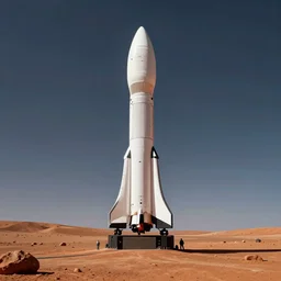 a large white rocket lands on the surface of mars, retro futurism, high quality, high resolution