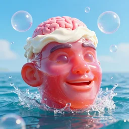 a funny sculpture of a squashed human head made from juicy jelly wrapped in cling film with ice cream spread on it on ocean water, funny face, brain, giant bubbles, 3 d objects, realistic water splashes, water art, vibrant, in the style of mike campau, cg render, ray tracing, 8 k resolution, sharp, hilarious
