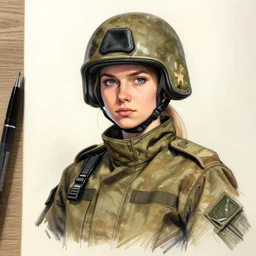 beautiful portrait of a young ukrainian female soldier, frank miller style, sketch