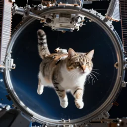Photo of a cat floating inside the International Space Station, highly-detailed 4K award-winning cinematic epic