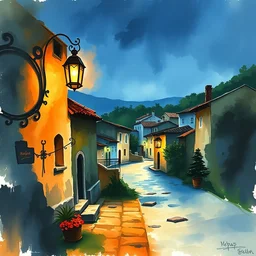 paint brush strokes, abstract watercolor painting of rustic portuguese village at nightfall, lantern, ambient lighting, art by hans dahl, by jesper ejsing, art by anders zorn, wonderful masterpiece by greg rutkowski, cinematic light, american romanticism by greg manchess, creation by tyler edlin