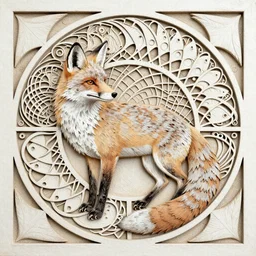 fox carving art, cell shading, voronoi,fibonacci sequence, sacred geometry by Alphonse Mucha, Moebius, hiroshi yoshida, Art Nouveau, colorful, ultra detailed, 2 vivid color, 3d
