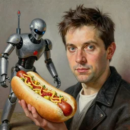 realistic portrait beautiful painting from scene in power rangers movie, when robot turned into hot dog. horror, created by thomas kinkade and gustave courbet, fine draw, high detailed, fine lighting, smooth draw, no anomaly, trending on artstation.