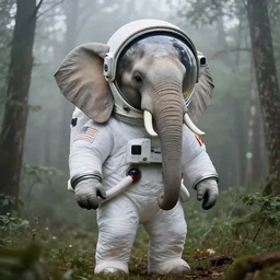 giant elephant wearing white american spacesuit with oversized giant helmet as astronaut animal, in the woods, foggy mood, overcast bokeh, cctv - c 1 4