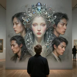 museum curator of art and music, fractal crystal, fantasy beauty portrait by tom bagshaw, tooth wu, wlop, james jean, victo ngai, beautifully lit, muted colors, highly detailed, artstation, fantasy art by craig mullins, thomas kinkade