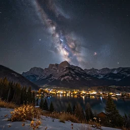 a beautiful double exposure of a deep field astrophotography image by hubble in the sky, and a night time landscape with towering mountains above a village, forests and a still lake with reflections, snow, lpoty, award winning, apod, low noise, detailed, sharp, elevated point of view