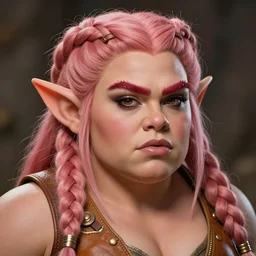 fantasy character portrait photo. female dwarf. short, broad, extremely muscular. broad face resembles cara delevingne but very squat. wide face, androgynous but pretty. elaborately braided orangepink hair. long sidebuns, downy cheeks. thick bushy groomed red eyebrows with multiple piercings. tan leather vest, bare bodybuilder shoulders. kohl, lipgloss