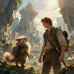 an intricate concept illustration of an explorer man with a fluffy creature discovering a lost city, artstation, fantasy, hyper realistic, concept art, art by dylan cole, cinematic lighting, fantasy color palette
