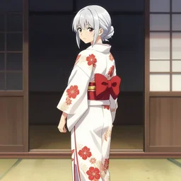 beautiful girl, silver hair, white kimono with complex red flower patterns, full body, looking to camera, showing her back, cute, ilustration by Takehiko Inoue ((and Krenz Cushart))