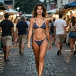 color outdoor photograph portrait of a beautiful woman in bikini walking on the market district, many people, night, summer, dramatic lighting, 1 9 9 0 photo from live magazine.