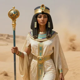 an anthropomorphic beautiful goddess female pharaoh wizard portrait holding a staff wearing robe made of sand in a sandstorm, dreadlock breed hair, fine art, award winning, intricate, elegant, sharp focus, octane render, hyperrealistic, cinematic lighting, highly detailed, digital painting, 8 k concept art, art by jamie hewlett and z. w. gu, masterpiece, trending on artstation, 8 k