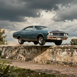 the general lee car from dukes of hazzard jumping over the garonne in bordeaux, matte painting, art, detailed, sharp focus, dramatic, cinematic, realistic, coherent,