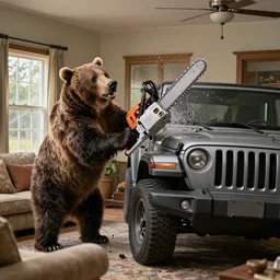 grizzly bear armed with chainsaws crashing a jeep into a living room