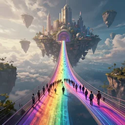 incredible, refugees crossing a mindblowingly beautiful bridge made of rainbow hardlight, to a floating city in the sky, matte painting, artstation, solarpunk, cgsociety, dramatic lighting, concept art, octane render, arnold 3 d render