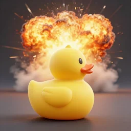 the joker as a rubber duck walking away from an explosion with harley queen as a rabbit next to him