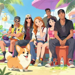 beautiful anime of hiphop summertime chill with corgi, by sherree valentine daines, peter mohrbacher, alice neel, donato giancola, mike winkelmann, laurie greasley. trending on artstation, 8 k, masterpiece, graffiti, fine detail, full of color, intricate detail, golden ratio illustration, face detail