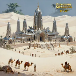 a temple city surrounded by white sand desert dunes, merchants, camels, matte oil painting, chrome cathedrals, retrofuturistic, concept art, science fantasy, mutant, rpg, epic, rust, salt, jungle, dungeons & dragons, sharp focus, award - winning, extremely detailed, 4 k, 8 k