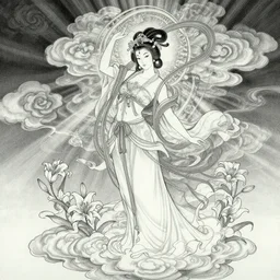misty clouds, chinese taoist fairy goddess. hyper detailed, character concept, full body, dynamic pose, intricate, lineart, cerpuscular rays, lily flowers. by yoshitaka amano, alfons mucha and makoto shinkai. 8 k