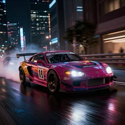 tokyo drift fast and furious film still, racing on wet city street at night, hyper detailed, forza, smooth, need for speed, high contrast, volumetric lighting, synthwave, octane, george miller, jim lee, vibrant rich deep color, comic book, ridley scott