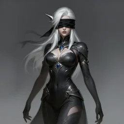 a highly detailed illustration of white haired pale lady wearing big black blindfold, dramatic standing pose, intricate, elegant, highly detailed, centered, digital painting, artstation, concept art, smooth, sharp focus, league of legends concept art, wlop