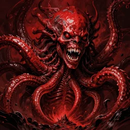 all red, highly detailed, tentacles and teeth horror rising out of abyss, sharp focus, illustration, unreal engine 5, 8 k, art by artgerm and greg rutkowski and alphonse mucha, caravaggio