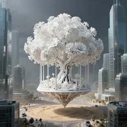 an intricate white tree with mechanical flowers inside an intricate futistic cage, suspended in the air above a street of a megalopolis made of sand and glass, matte painting, cinemati, dramatic atmosphere, detailed, atmospheric, wide angle, artstation trending