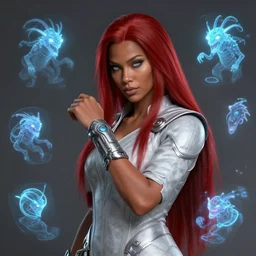 Full body Picture of a female Holomancer, tech inspired, futuristic bracelet, light brown skin, crimson hair, long straight hair, Light silver attire, robes, battle, detailed face features, light blue eyes, hologram creatures, D&D, by artgerm and Craig Mullins, James Jean, Andrey Ryabovichev, Mark Simonetti and Peter Morbacher, matte painting, trending on artstation, artstationHD, artstationHQ, octane, full HD, 16K, alluring