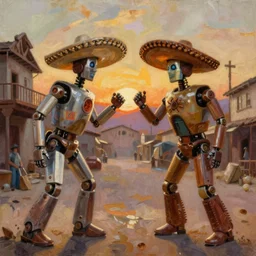 dramatic oil painting of two robots confronting one another in a mexican standoff at sundown in an old western town in the style of Frederic Remington
