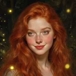 a highly detailed portrait, red haired young woman, among golden fireflies, amid nature, long hair, green eyes, hint of freckles, round gentle face, cheeky smile with red lips, deep focus, elegant, digital painting, smooth, sharp, golden ratio, illustration, art by artemisia lomi gentileschi, caravaggio and artgerm