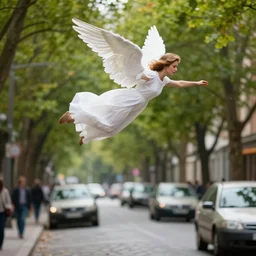 closeup bokeh photography of a female angel dressed in white flies over a cobbled street. the foliage of the trees merges with the cars driving below. passers-by look up to the sky.