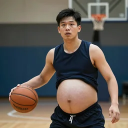 “Attractive young Filipino man with a big pregnant belly playing basketball”