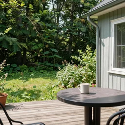 in a small garden at the back of a family house, view of the forest at the edge of the garden, from the wooden terrace, a mug is placed on the plastic table on the terrace. summer sunny day. in the shade of the trees. 50mm.