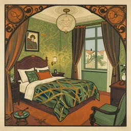 a liminal hotel room, colored woodcut, poster art, by Mackintosh, art noveau, by Ernst Haeckel
