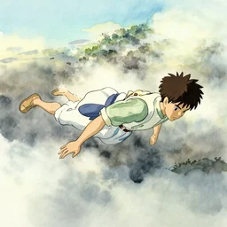 A man floating into the heavens by Hayao Miyazaki, watercolour and ink