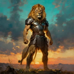 muscular lion as barbarian hunter  with chest armor , full body human legs , backlight  body , extreme very textured detailed panoramic portrait oil painting by rembrandt, sunset, dramatic clouds and cyan atmosphere