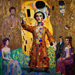 the world's richest man is an evil ventriloquist dummy, psychedelic, prophet muhammad! pulling the strings, patterned skin, trending on artstation, photorealism, vibrant colors, digital art, in the style of harumi hironaka, gustav klimt, egon schiele, coby whitmore, david bates, monet, lisa frank, picasso, octane render.